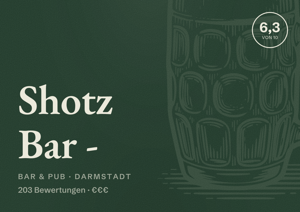 Illustriertes Poster von Shotz Bar -, Bar & Pub in Darmstadt: Bewertung 6,3 von 10 aus 203 Bewertungen, Preisniveau €€€