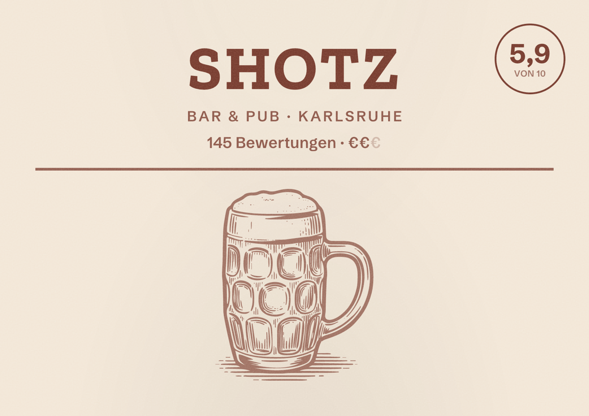Illustriertes Poster von Shotz, Bar & Pub in Karlsruhe: Bewertung 5,9 von 10 aus 145 Bewertungen, Preisniveau €€