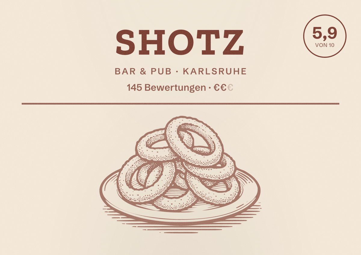 Illustriertes Poster von Shotz, Bar & Pub in Karlsruhe: Bewertung 5,9 von 10 aus 145 Bewertungen, Preisniveau €€