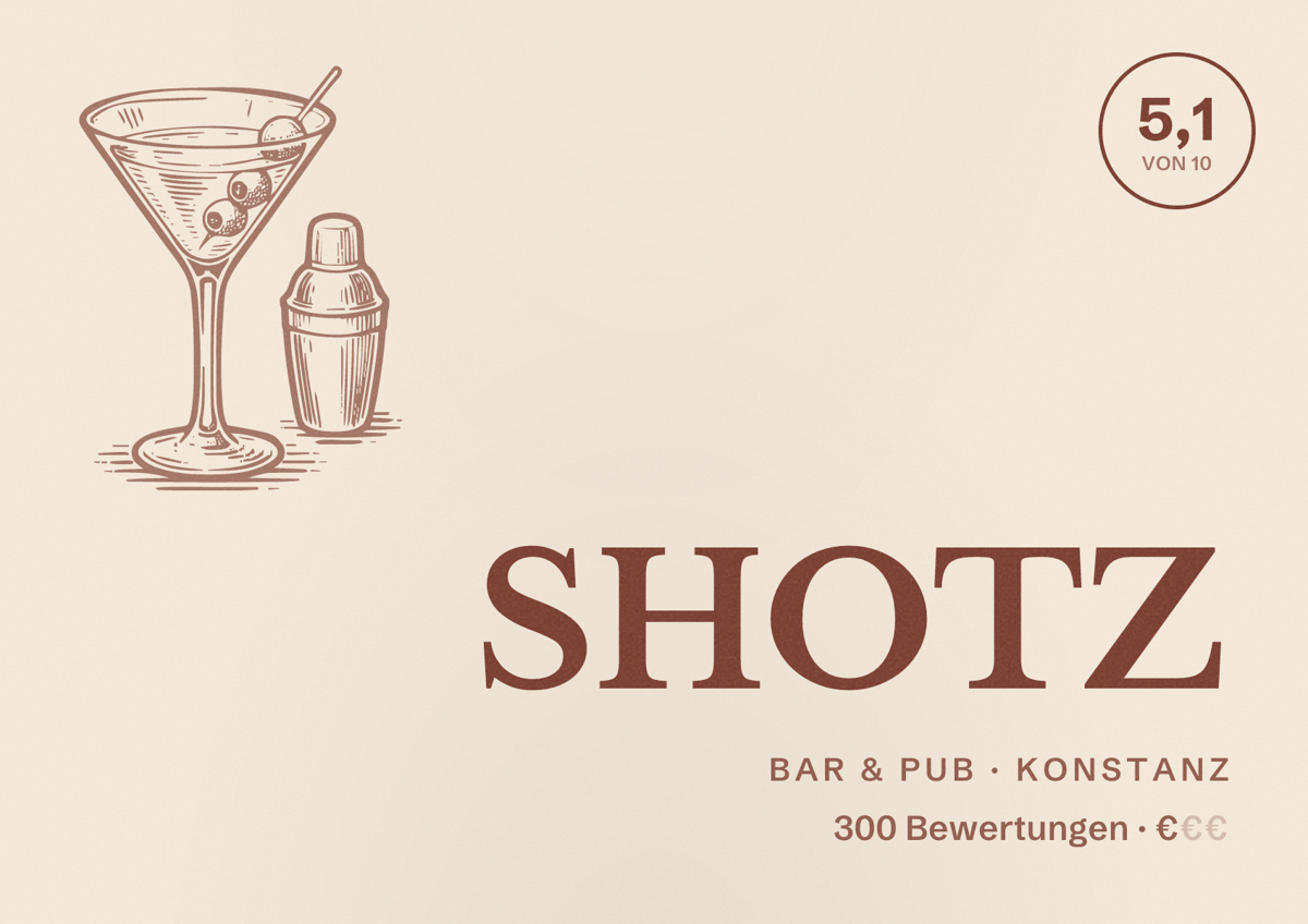 Illustriertes Poster von SHOTZ, Bar & Pub in Konstanz: Bewertung 5,1 von 10 aus 300 Bewertungen, Preisniveau €