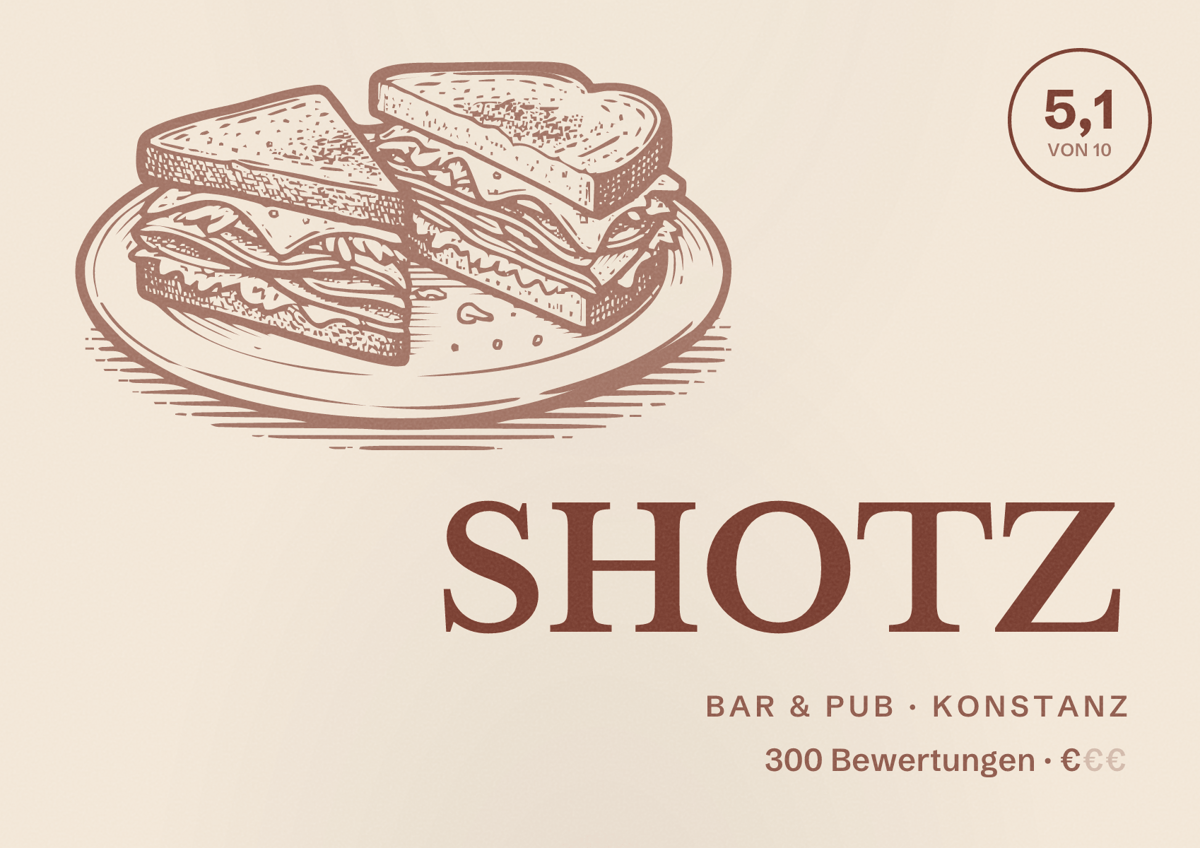 Illustriertes Poster von SHOTZ, Bar & Pub in Konstanz: Bewertung 5,1 von 10 aus 300 Bewertungen, Preisniveau €