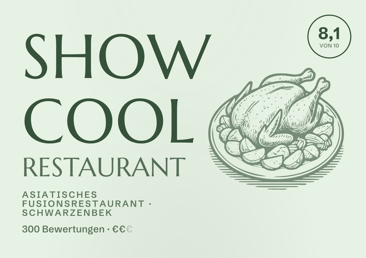 Illustriertes Poster von SHOW COOL Restaurant, Asiatisches Fusionsrestaurant in Schwarzenbek: Bewertung 8,1 von 10 aus 300 Bewertungen, Preisniveau €€