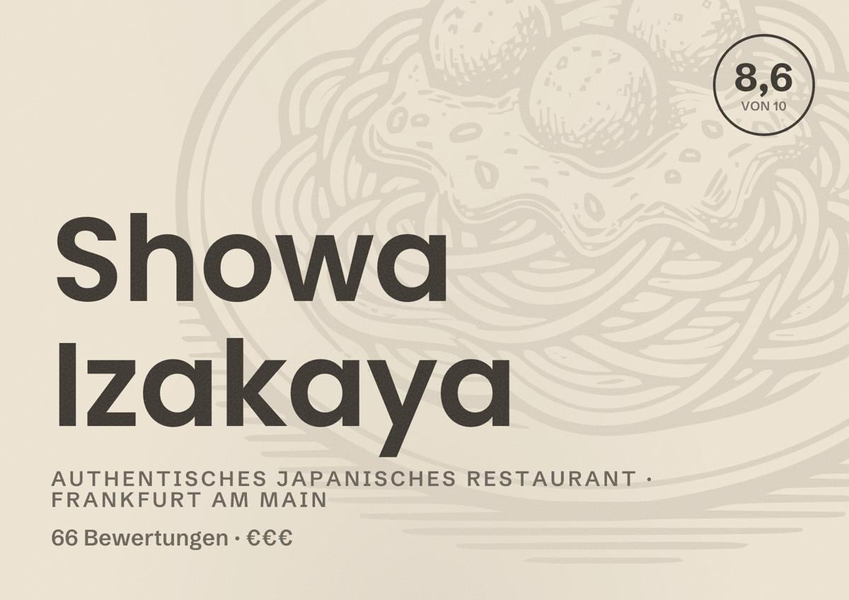 Illustriertes Poster von Showa Izakaya, Authentisches japanisches Restaurant in Frankfurt am Main: Bewertung 8,6 von 10 aus 66 Bewertungen, Preisniveau €€€