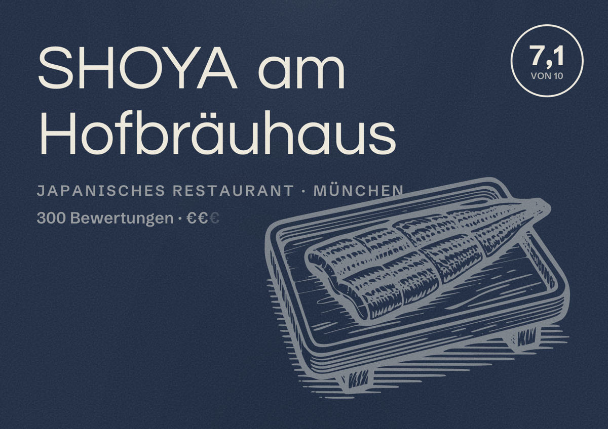Illustriertes Poster von SHOYA am Hofbräuhaus, Japanisches Restaurant in München: Bewertung 7,1 von 10 aus 300 Bewertungen, Preisniveau €€