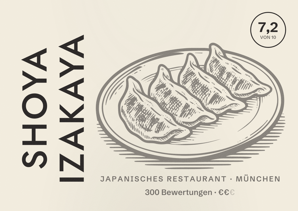 Illustriertes Poster von Shoya Izakaya, Japanisches Restaurant in München: Bewertung 7,2 von 10 aus 300 Bewertungen, Preisniveau €€