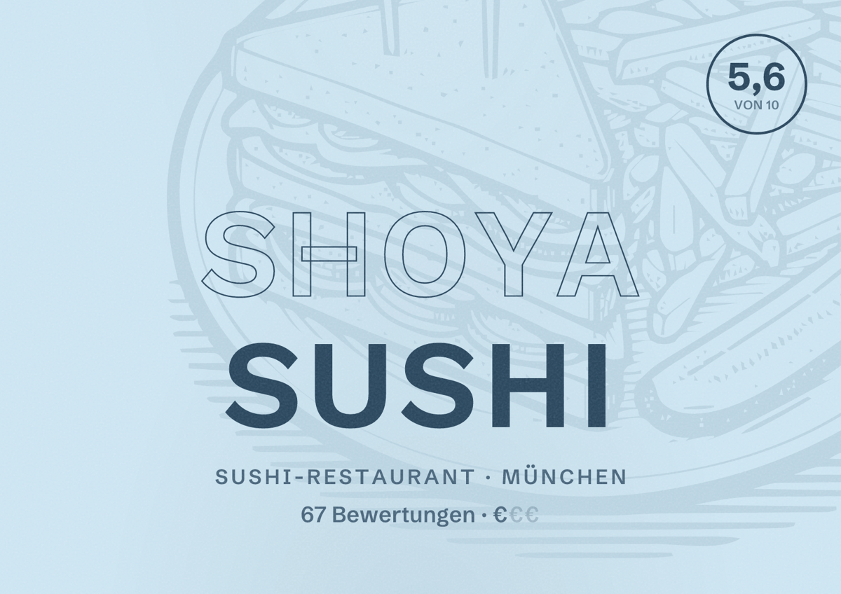 Illustriertes Poster von Shoya Sushi, Sushi-Restaurant in München: Bewertung 5,6 von 10 aus 67 Bewertungen, Preisniveau €