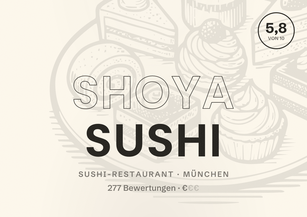 Illustriertes Poster von Shoya Sushi, Sushi-Restaurant in München: Bewertung 5,8 von 10 aus 277 Bewertungen, Preisniveau €