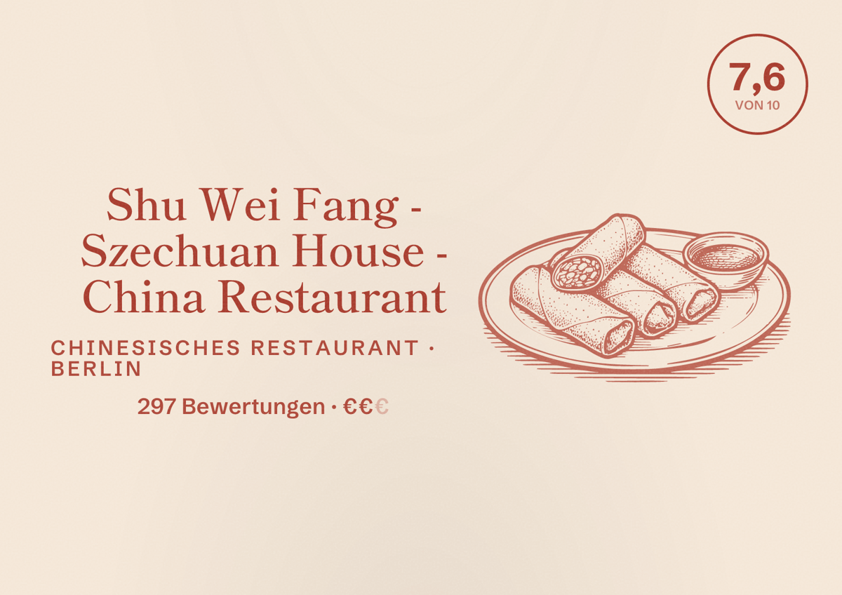 Illustriertes Poster von Shu Wei Fang - Szechuan House - China Restaurant, Chinesisches Restaurant in Berlin: Bewertung 7,6 von 10 aus 297 Bewertungen, Preisniveau €€