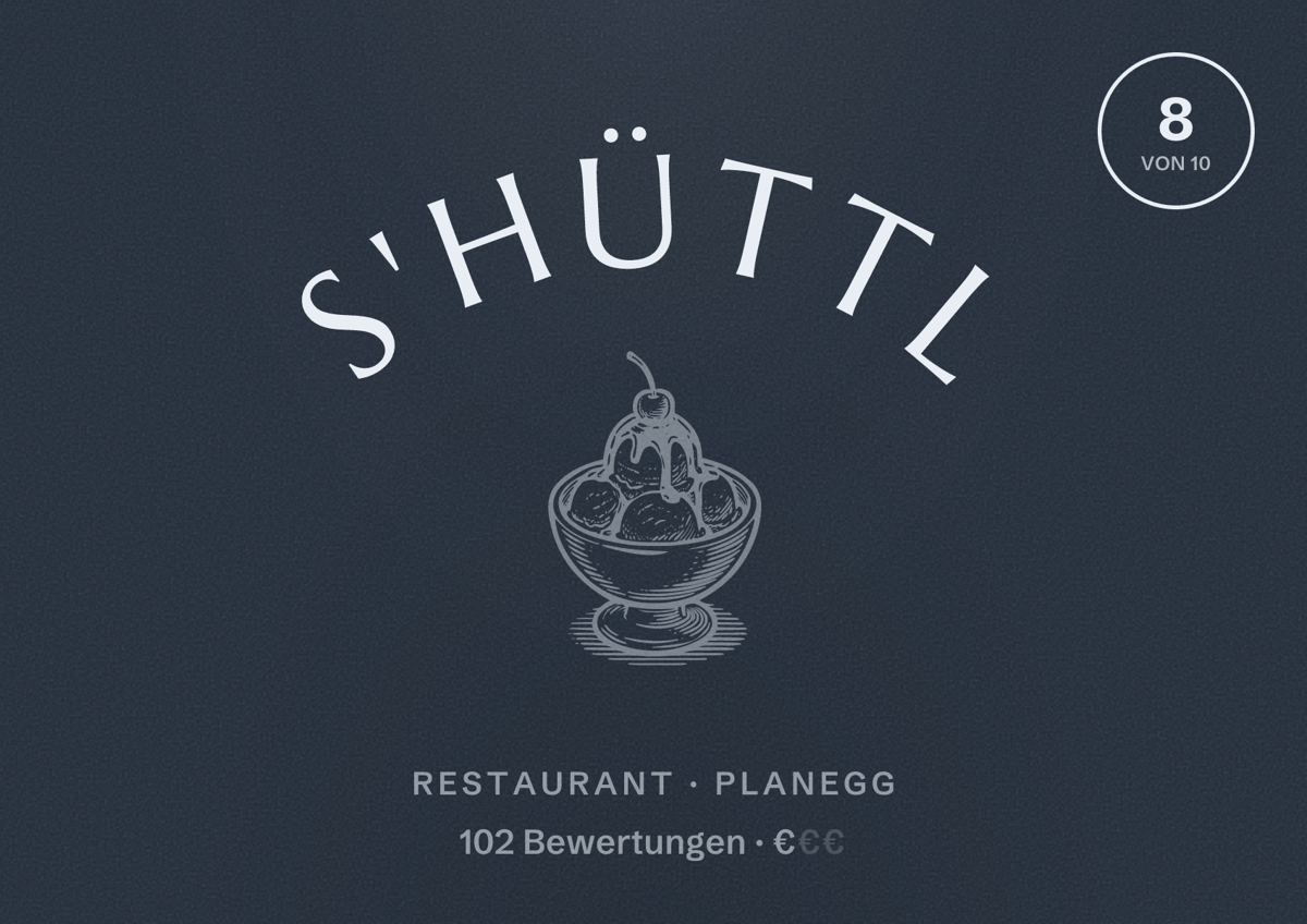 Illustriertes Poster von s'Hüttl, Restaurant in Planegg: Bewertung 8 von 10 aus 102 Bewertungen, Preisniveau €