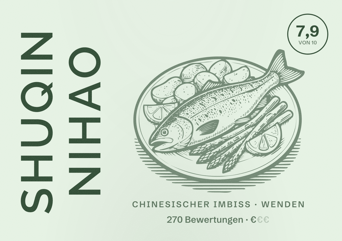 Illustriertes Poster von Shuqin Nihao, Chinesischer Imbiss in Wenden: Bewertung 7,9 von 10 aus 270 Bewertungen, Preisniveau €