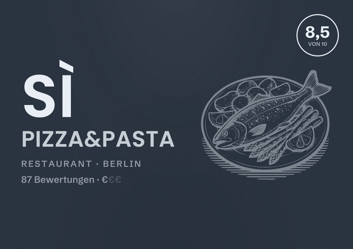 Illustriertes Poster von Sì Pizza&Pasta, Restaurant in Berlin: Bewertung 8,5 von 10 aus 87 Bewertungen, Preisniveau €