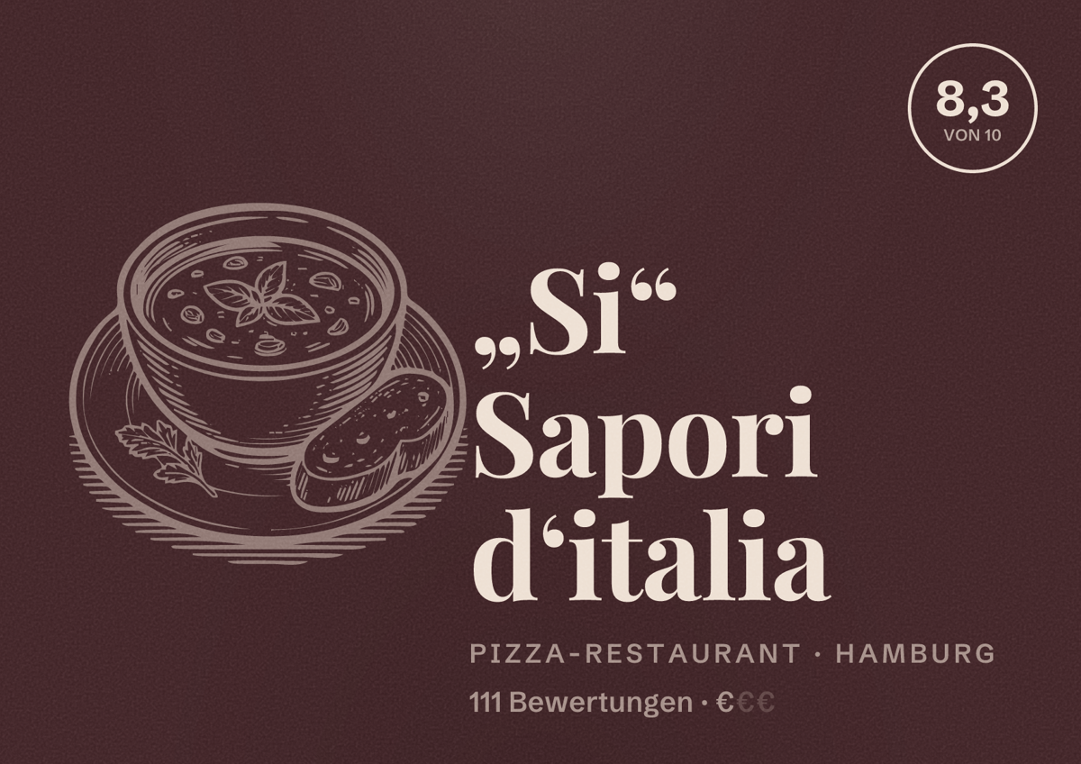 Illustriertes Poster von „Si“ Sapori d‘italia, Pizza-Restaurant in Hamburg: Bewertung 8,3 von 10 aus 111 Bewertungen, Preisniveau €