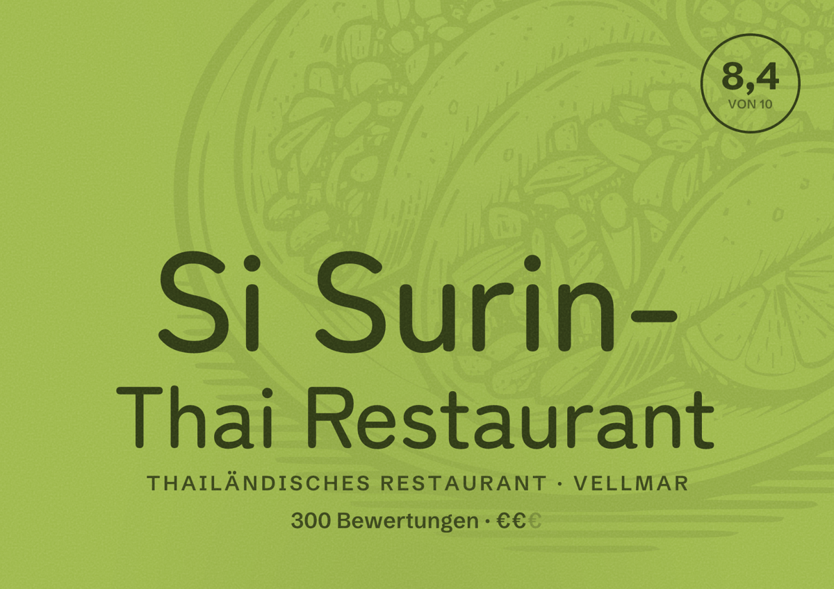 Illustriertes Poster von Si Surin- Thai Restaurant, Thailändisches Restaurant in Vellmar: Bewertung 8,4 von 10 aus 300 Bewertungen, Preisniveau €€