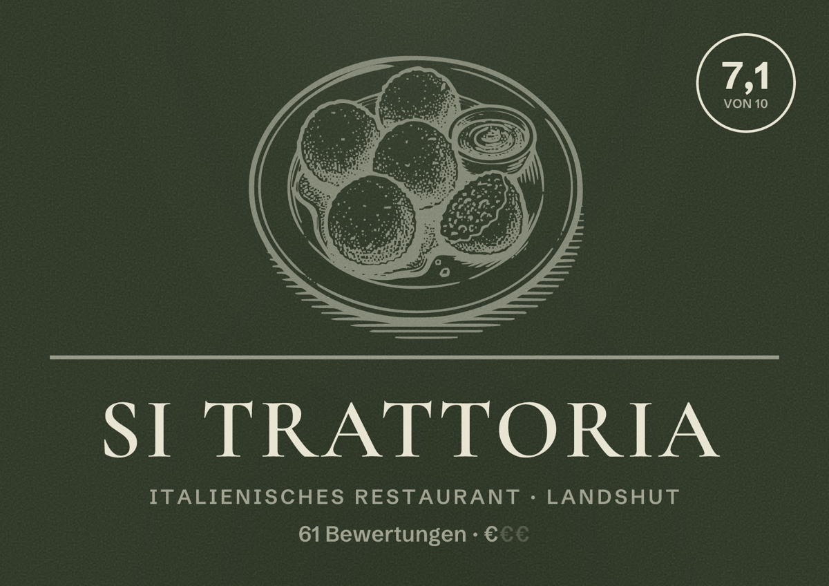 Illustriertes Poster von Si Trattoria, Italienisches Restaurant in Landshut: Bewertung 7,1 von 10 aus 61 Bewertungen, Preisniveau €