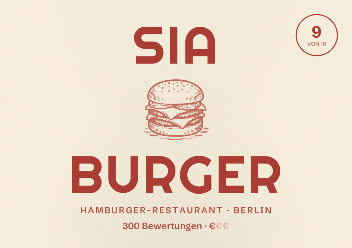 Illustriertes Poster von SIA BURGER, Hamburger-Restaurant in Berlin: Bewertung 9 von 10 aus 300 Bewertungen, Preisniveau €