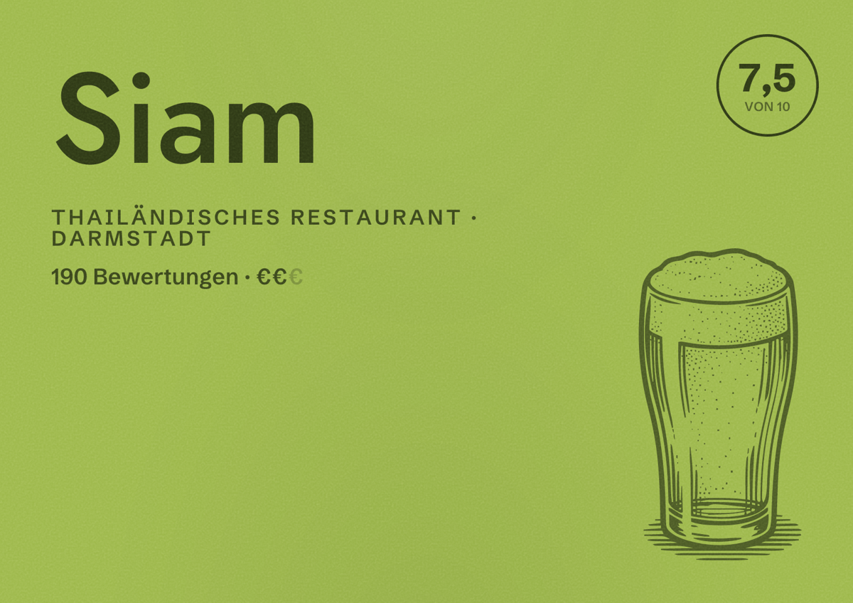 Illustriertes Poster von Siam, Thailändisches Restaurant in Darmstadt: Bewertung 7,5 von 10 aus 190 Bewertungen, Preisniveau €€