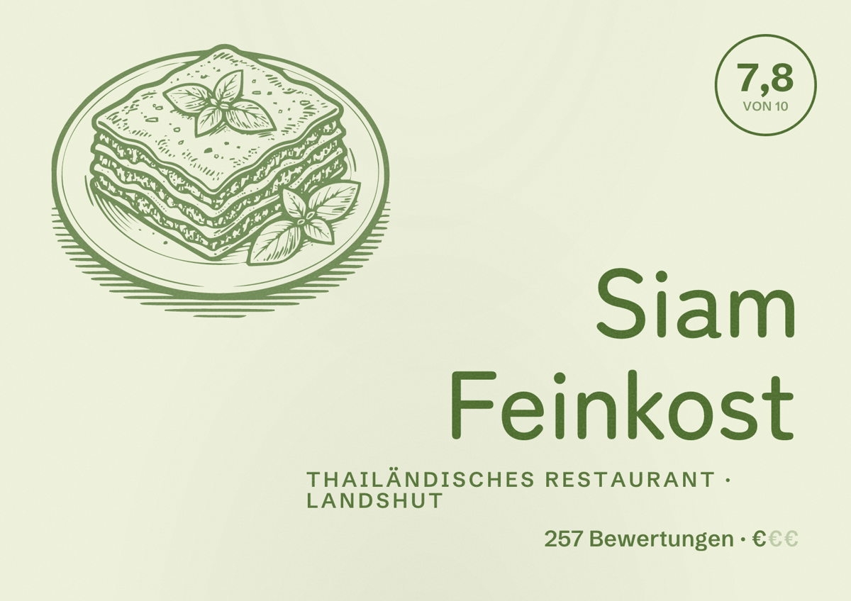 Illustriertes Poster von Siam Feinkost, Thailändisches Restaurant in Landshut: Bewertung 7,8 von 10 aus 257 Bewertungen, Preisniveau €