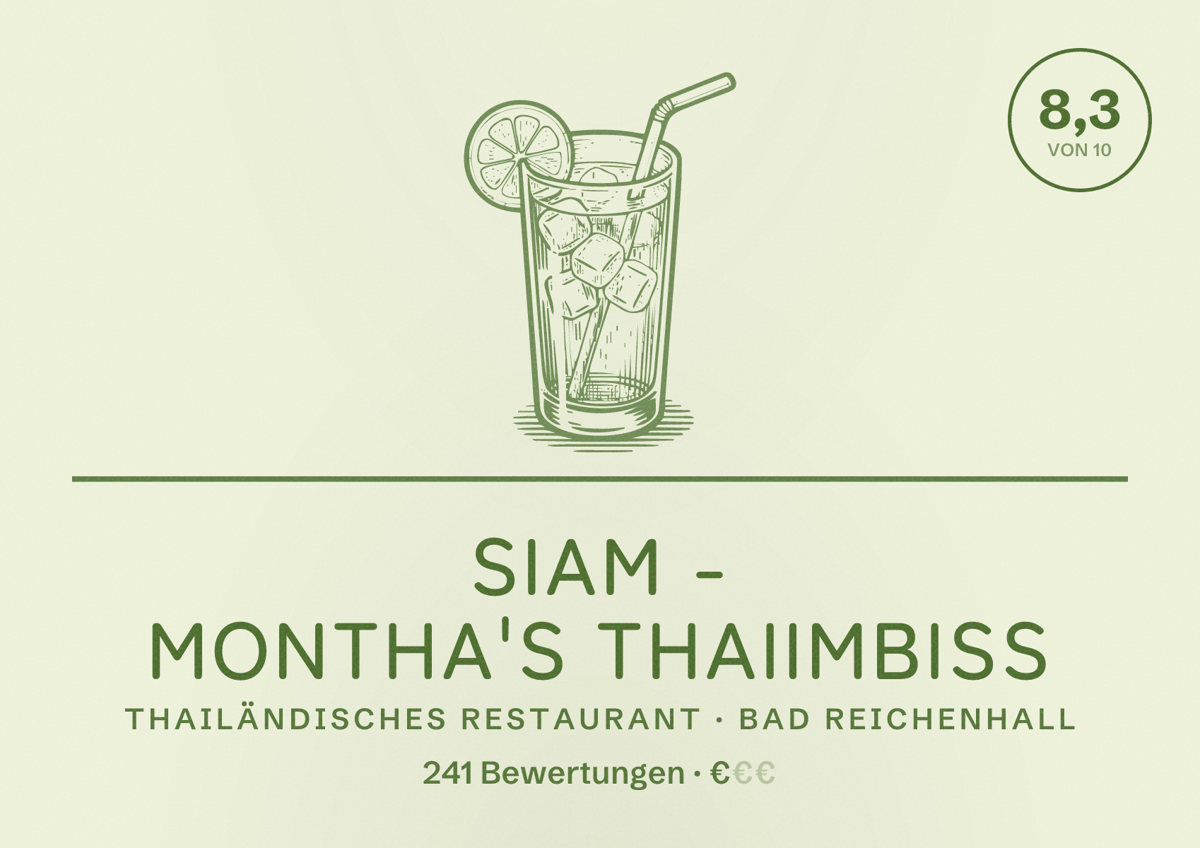 Illustriertes Poster von Siam - Montha's Thaiimbiss, Thailändisches Restaurant in Bad Reichenhall: Bewertung 8,3 von 10 aus 241 Bewertungen, Preisniveau €