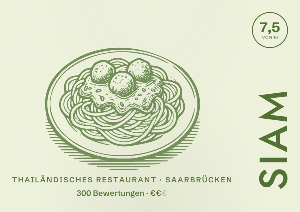 Illustriertes Poster von Siam, Thailändisches Restaurant in Saarbrücken: Bewertung 7,5 von 10 aus 300 Bewertungen, Preisniveau €€