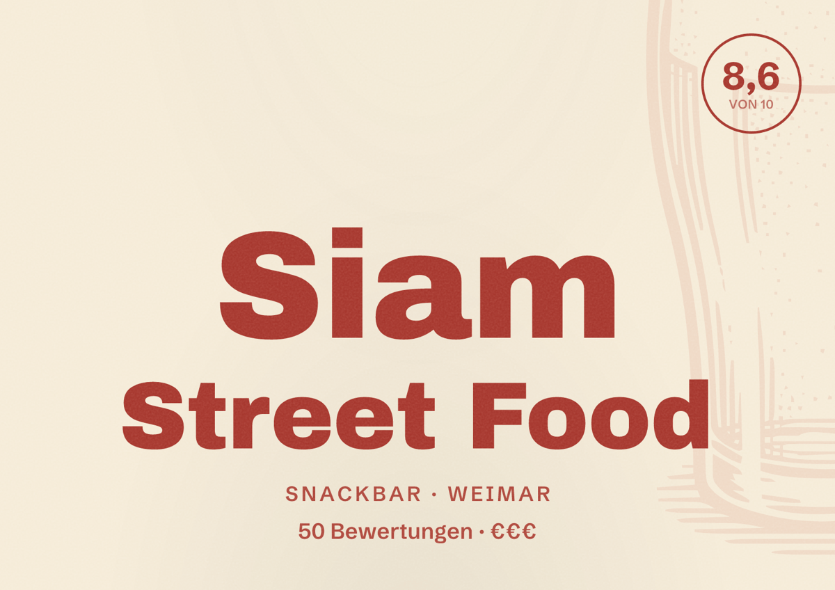 Illustriertes Poster von Siam Street Food, Snackbar in Weimar: Bewertung 8,6 von 10 aus 50 Bewertungen, Preisniveau €€€