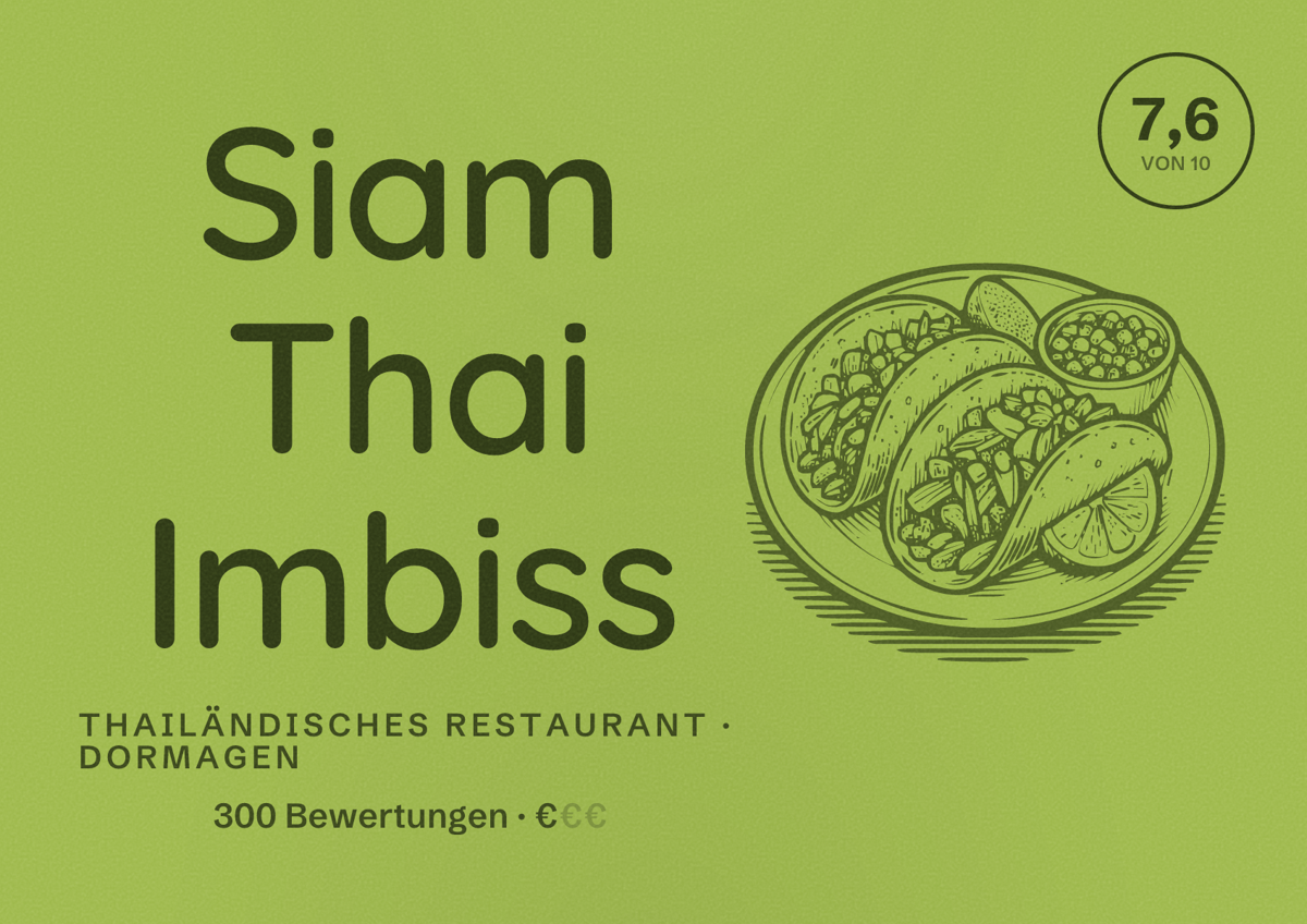Illustriertes Poster von Siam Thai Imbiss, Thailändisches Restaurant in Dormagen: Bewertung 7,6 von 10 aus 300 Bewertungen, Preisniveau €