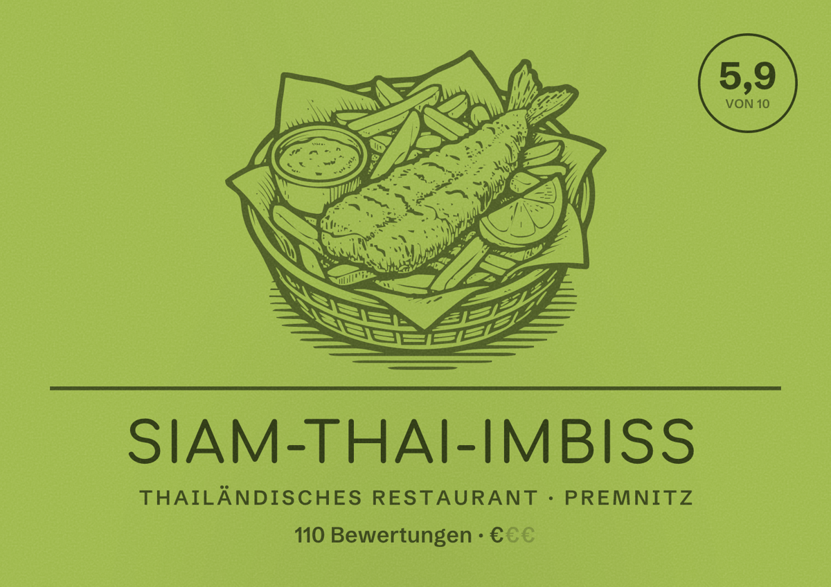 Illustriertes Poster von Siam-Thai-Imbiss, Thailändisches Restaurant in Premnitz: Bewertung 5,9 von 10 aus 110 Bewertungen, Preisniveau €