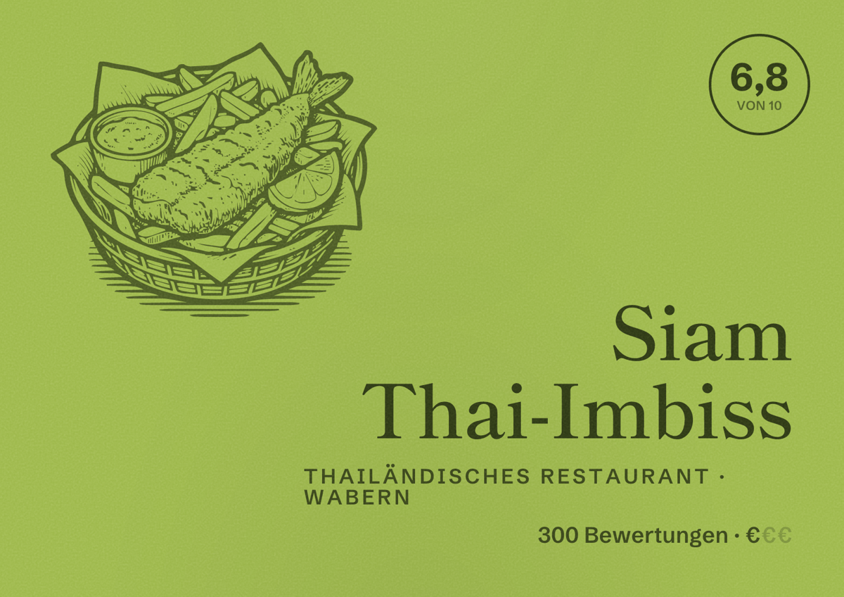 Illustriertes Poster von Siam Thai-Imbiss, Thailändisches Restaurant in Wabern: Bewertung 6,8 von 10 aus 300 Bewertungen, Preisniveau €
