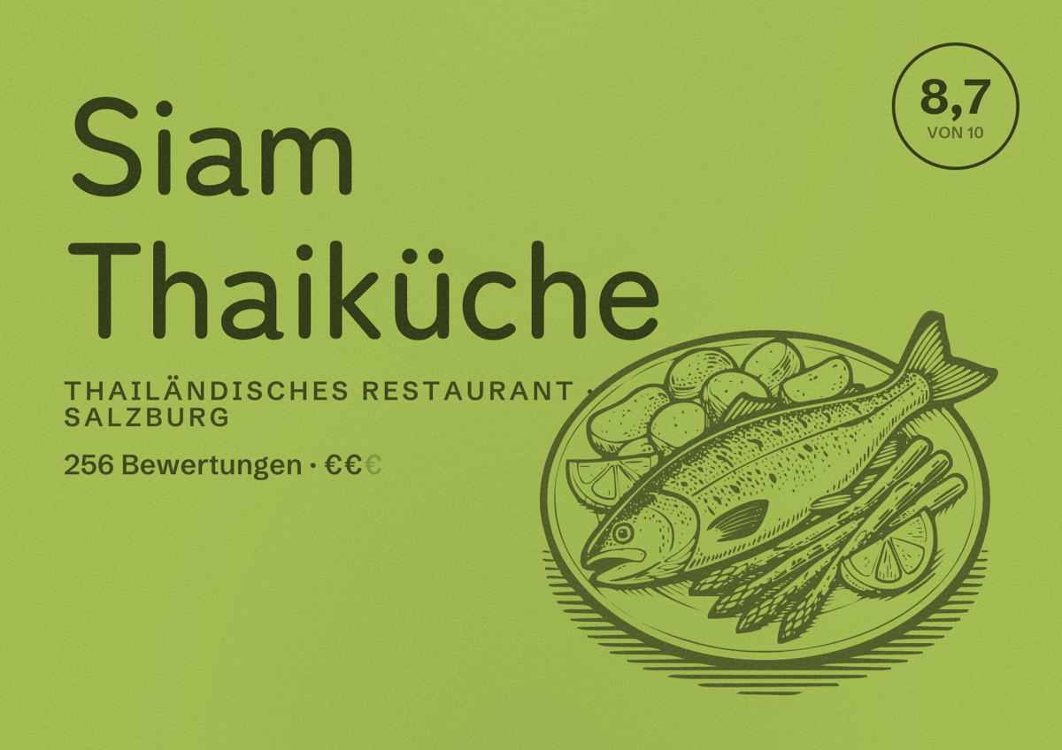Illustriertes Poster von Siam Thaiküche, Thailändisches Restaurant in Salzburg: Bewertung 8,7 von 10 aus 256 Bewertungen, Preisniveau €€