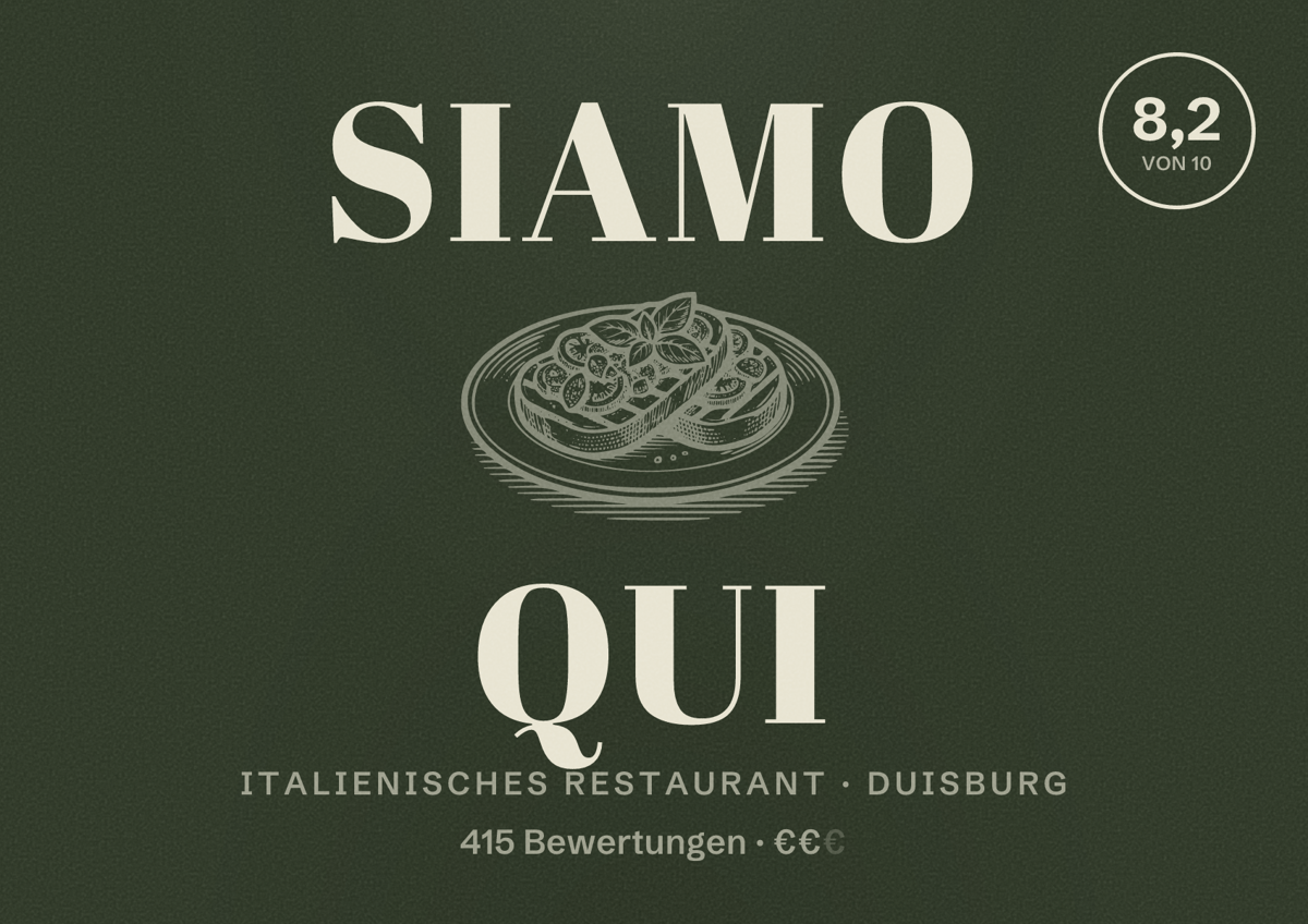 Illustriertes Poster von Siamo Qui, Italienisches Restaurant in Duisburg: Bewertung 8,2 von 10 aus 415 Bewertungen, Preisniveau €€