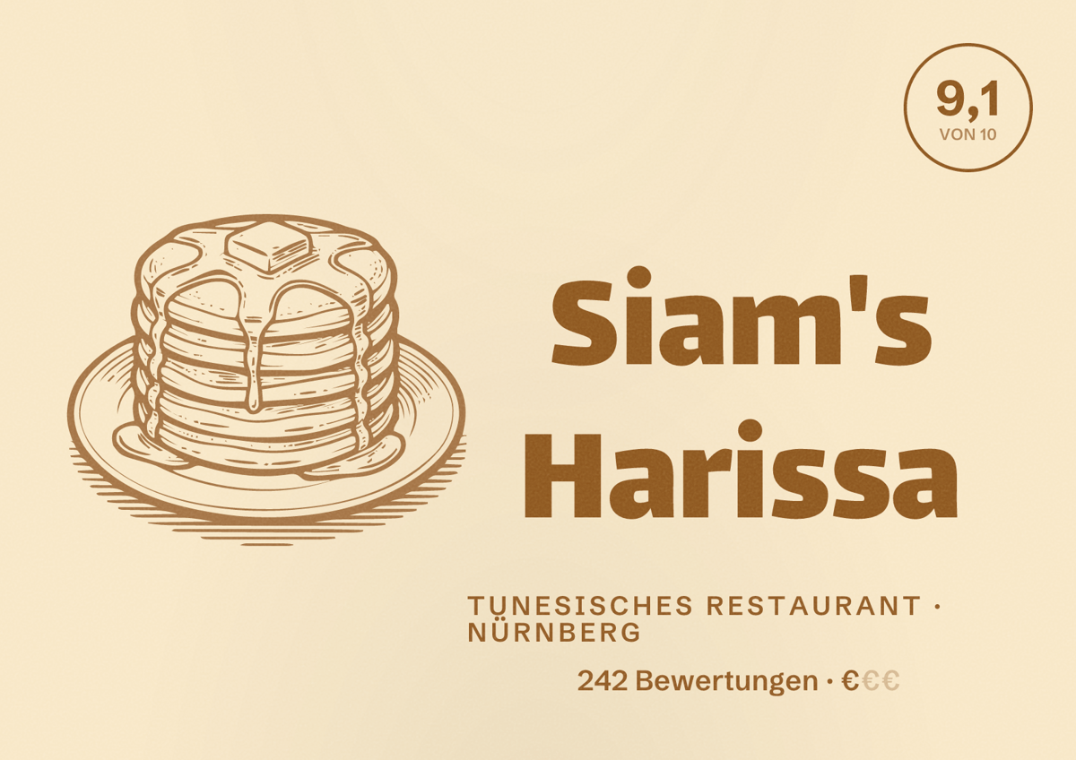 Illustriertes Poster von Siam's Harissa, Tunesisches Restaurant in Nürnberg: Bewertung 9,1 von 10 aus 242 Bewertungen, Preisniveau €