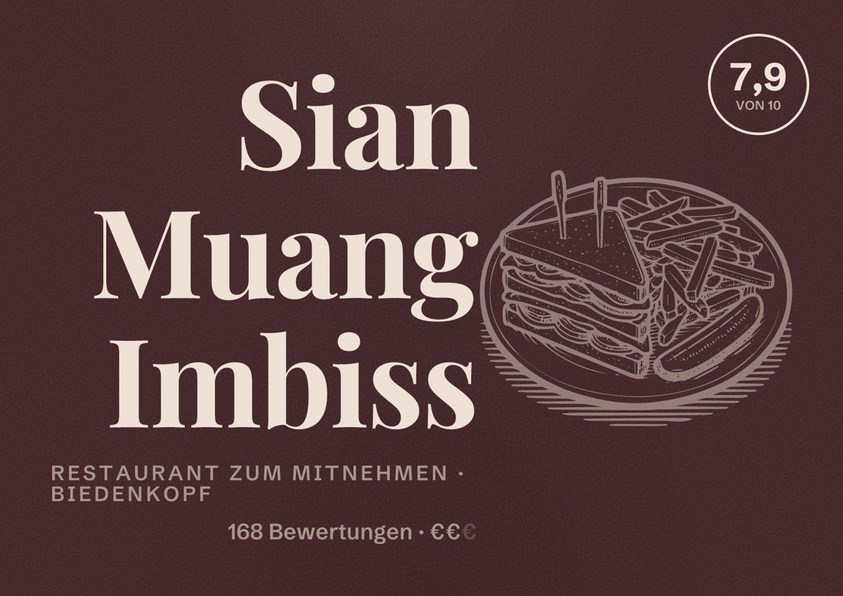 Illustriertes Poster von Sian Muang Imbiss, Restaurant zum Mitnehmen in Biedenkopf: Bewertung 7,9 von 10 aus 168 Bewertungen, Preisniveau €€