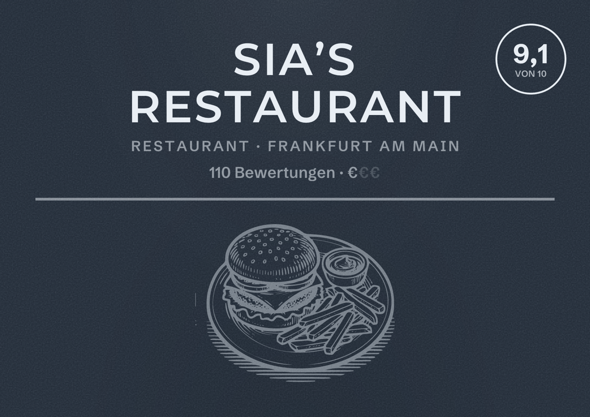 Illustriertes Poster von Sia’s Restaurant, Restaurant in Frankfurt am Main: Bewertung 9,1 von 10 aus 110 Bewertungen, Preisniveau €