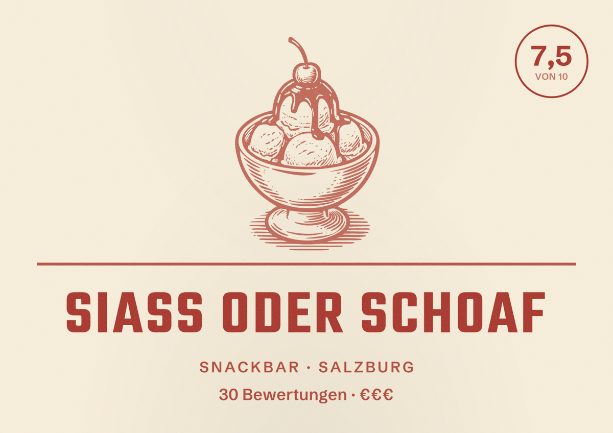 Illustriertes Poster von Siass oder Schoaf, Snackbar in Salzburg: Bewertung 7,5 von 10 aus 30 Bewertungen, Preisniveau €€€