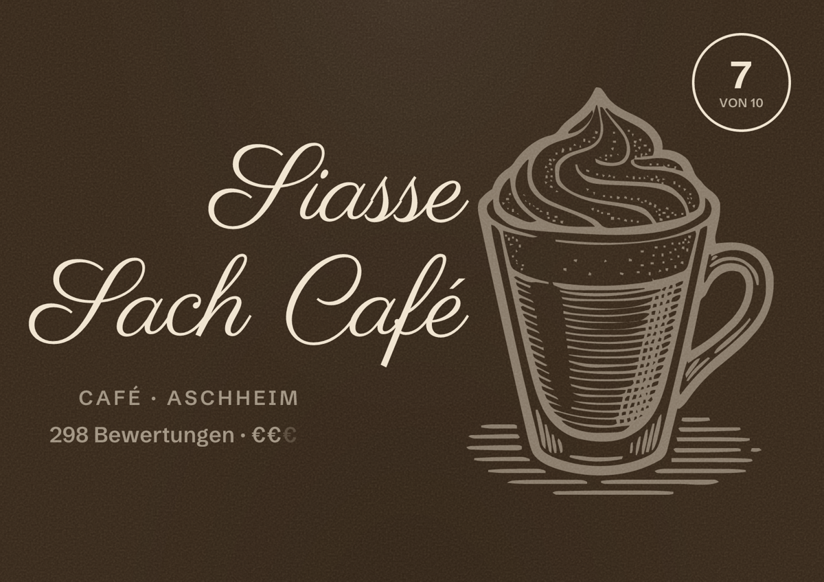 Illustriertes Poster von Siasse Sach Café, Café in Aschheim: Bewertung 7 von 10 aus 298 Bewertungen, Preisniveau €€
