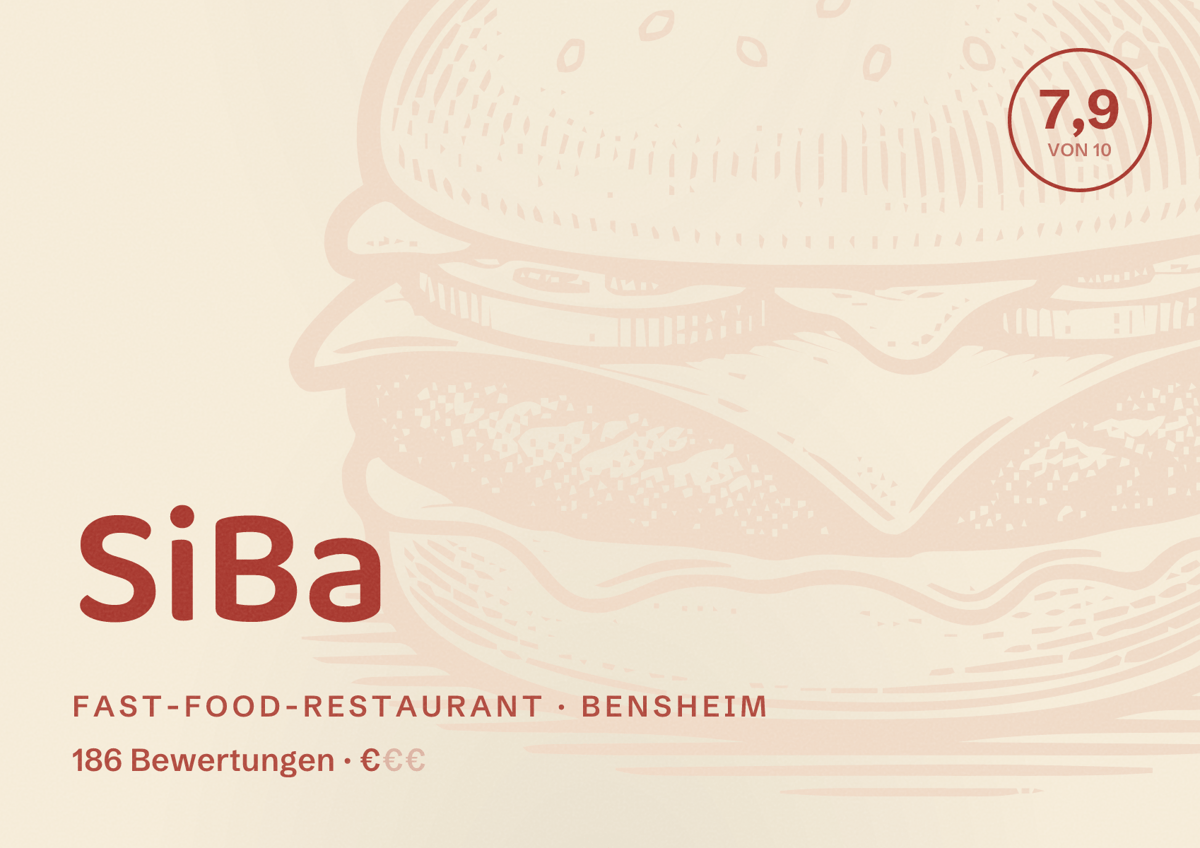Illustriertes Poster von SiBa, Fast-Food-Restaurant in Bensheim: Bewertung 7,9 von 10 aus 186 Bewertungen, Preisniveau €