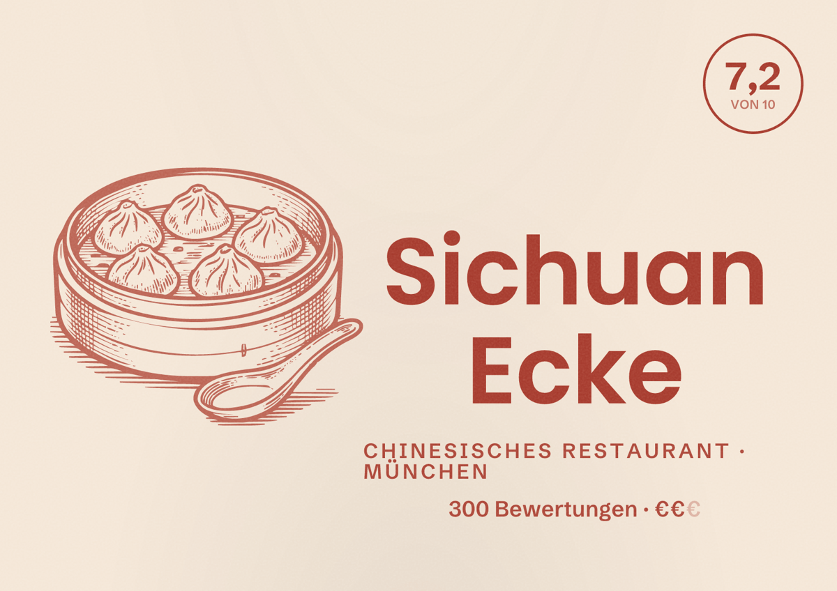 Illustriertes Poster von Sichuan Ecke, Chinesisches Restaurant in München: Bewertung 7,2 von 10 aus 300 Bewertungen, Preisniveau €€