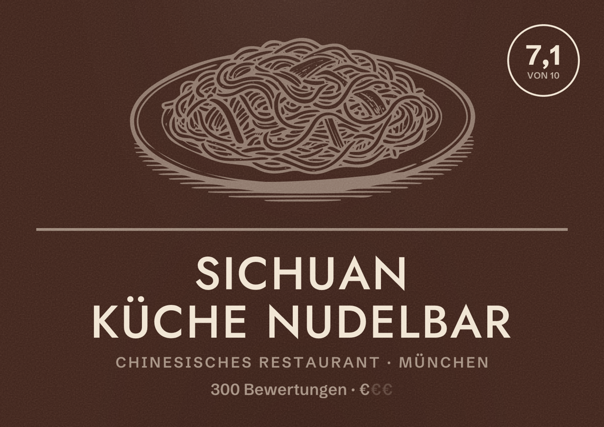 Illustriertes Poster von Sichuan Küche Nudelbar, Chinesisches Restaurant in München: Bewertung 7,1 von 10 aus 300 Bewertungen, Preisniveau €