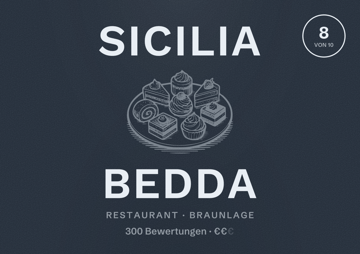 Illustriertes Poster von Sicilia Bedda, Restaurant in Braunlage: Bewertung 8 von 10 aus 300 Bewertungen, Preisniveau €€