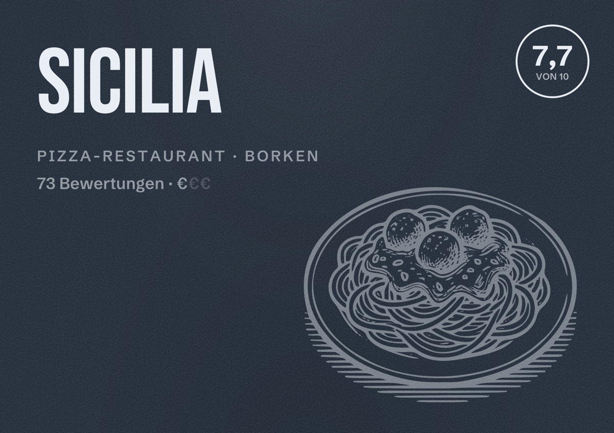 Illustriertes Poster von Sicilia, Pizza-Restaurant in Borken: Bewertung 7,7 von 10 aus 73 Bewertungen, Preisniveau €