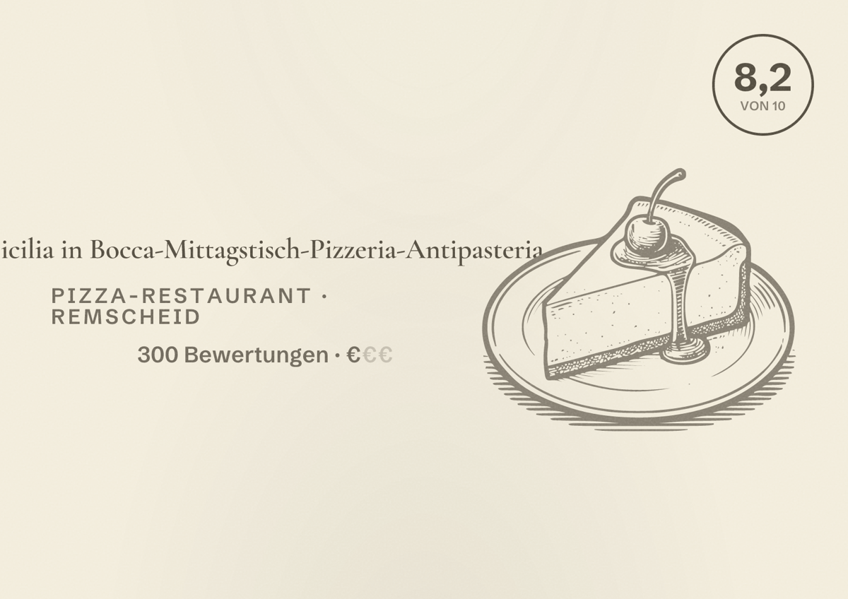 Illustriertes Poster von Sicilia in Bocca-Mittagstisch-Pizzeria-Antipasteria, Pizza-Restaurant in Remscheid: Bewertung 8,2 von 10 aus 300 Bewertungen, Preisniveau €
