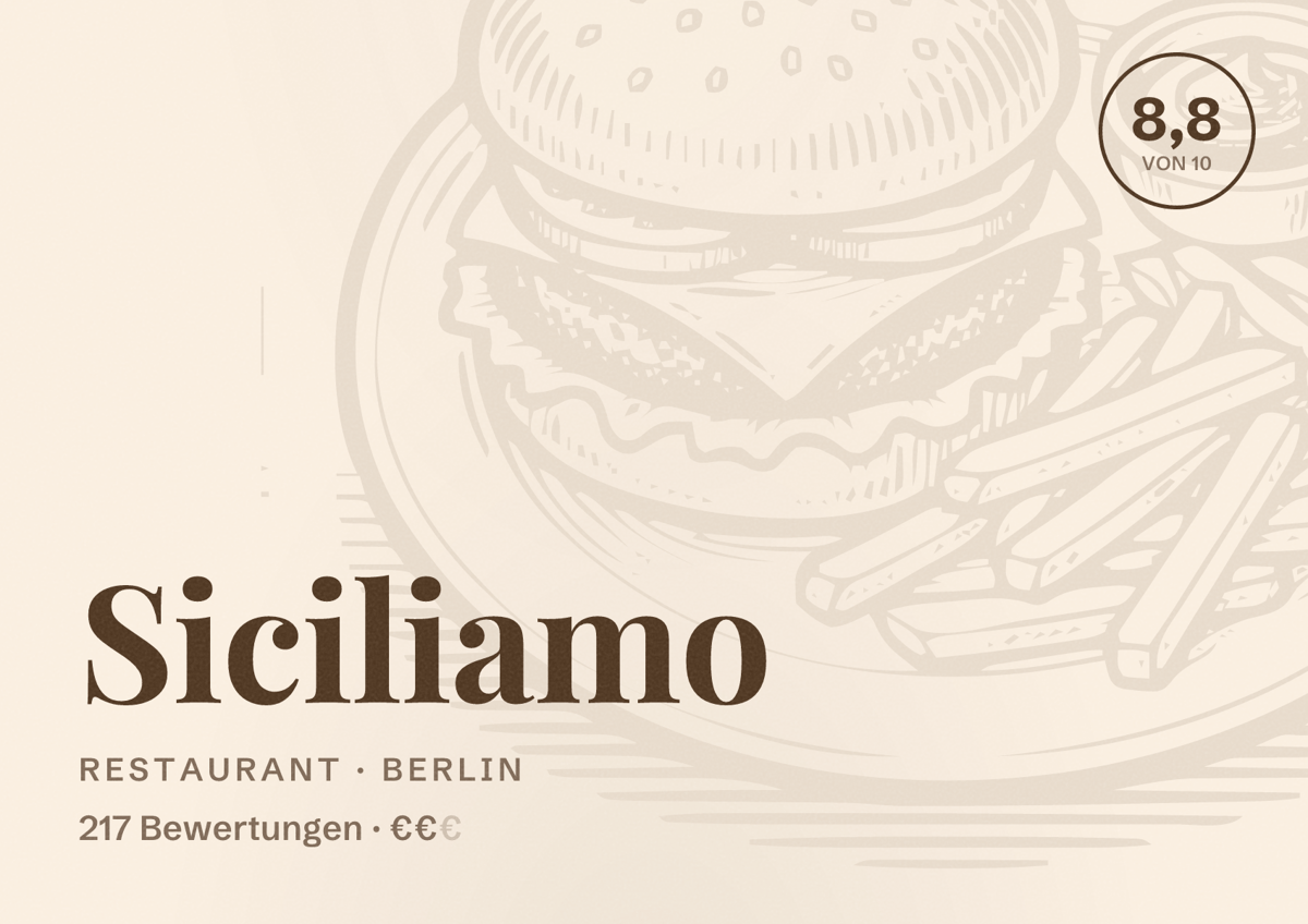 Illustriertes Poster von Siciliamo, Restaurant in Berlin: Bewertung 8,8 von 10 aus 217 Bewertungen, Preisniveau €€