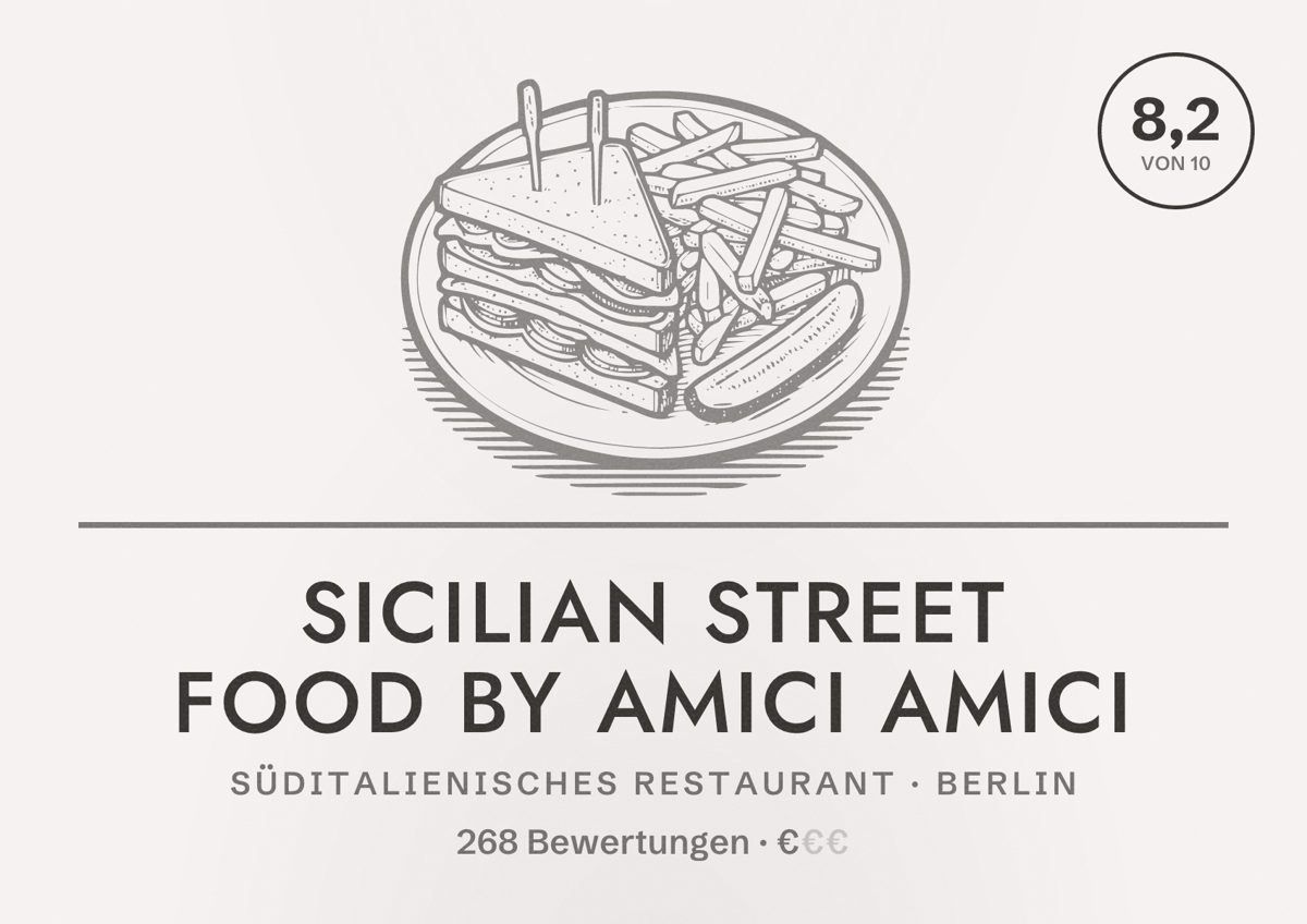 Illustriertes Poster von Sicilian Street Food by Amici Amici, Süditalienisches Restaurant in Berlin: Bewertung 8,2 von 10 aus 268 Bewertungen, Preisniveau €