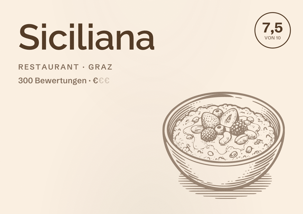 Illustriertes Poster von Siciliana, Restaurant in Graz: Bewertung 7,5 von 10 aus 300 Bewertungen, Preisniveau €