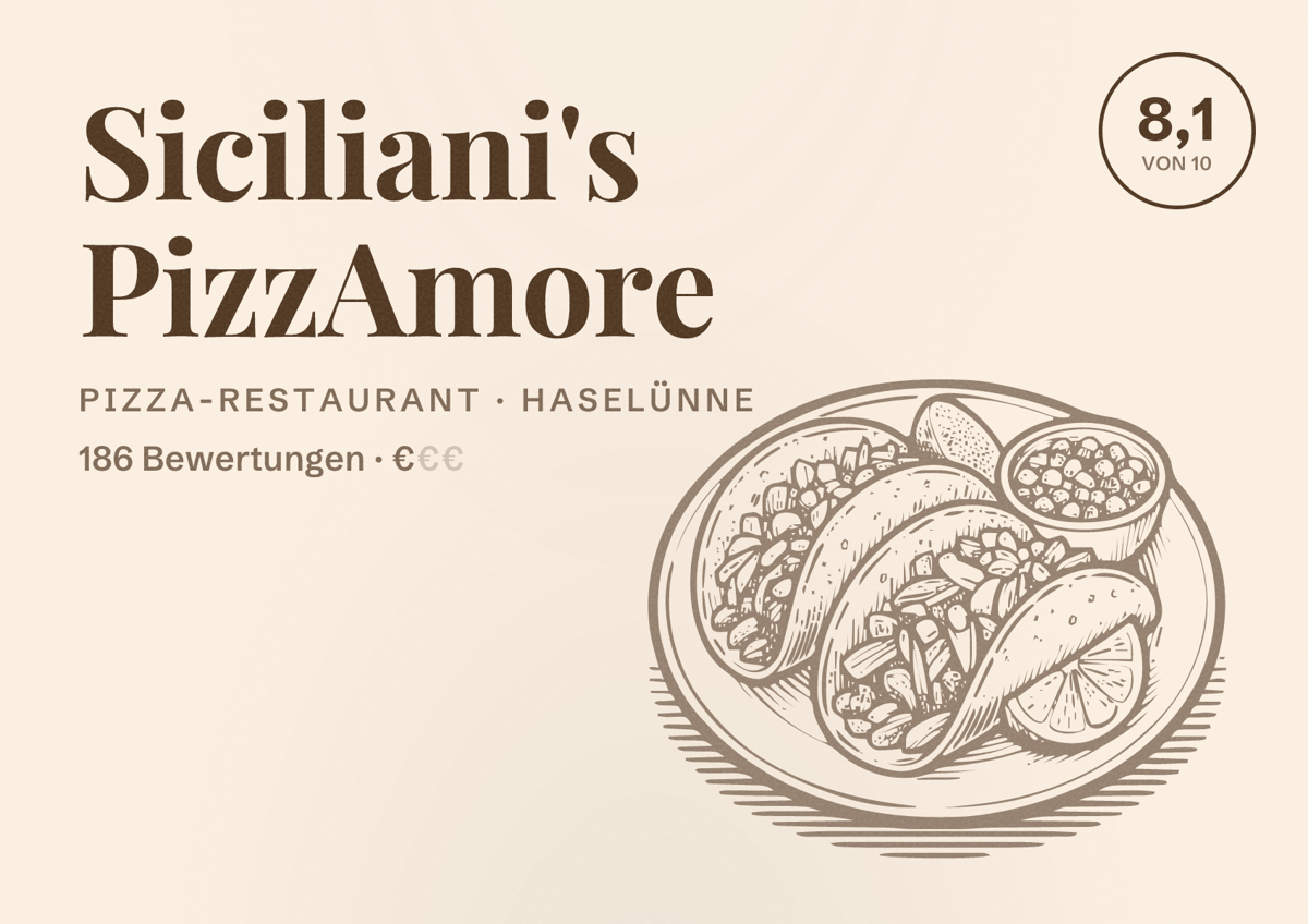 Illustriertes Poster von Siciliani's PizzAmore, Pizza-Restaurant in Haselünne: Bewertung 8,1 von 10 aus 186 Bewertungen, Preisniveau €