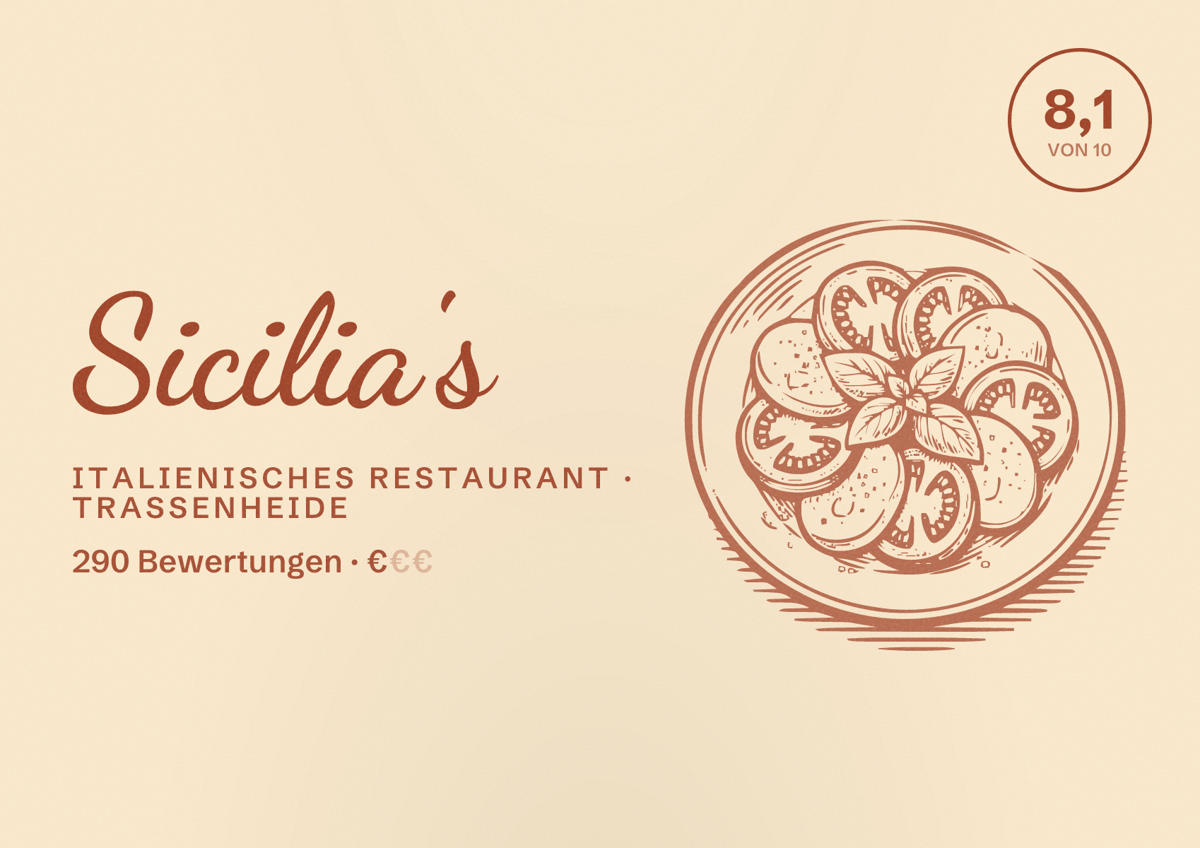 Illustriertes Poster von Sicilia's, Italienisches Restaurant in Trassenheide: Bewertung 8,1 von 10 aus 290 Bewertungen, Preisniveau €