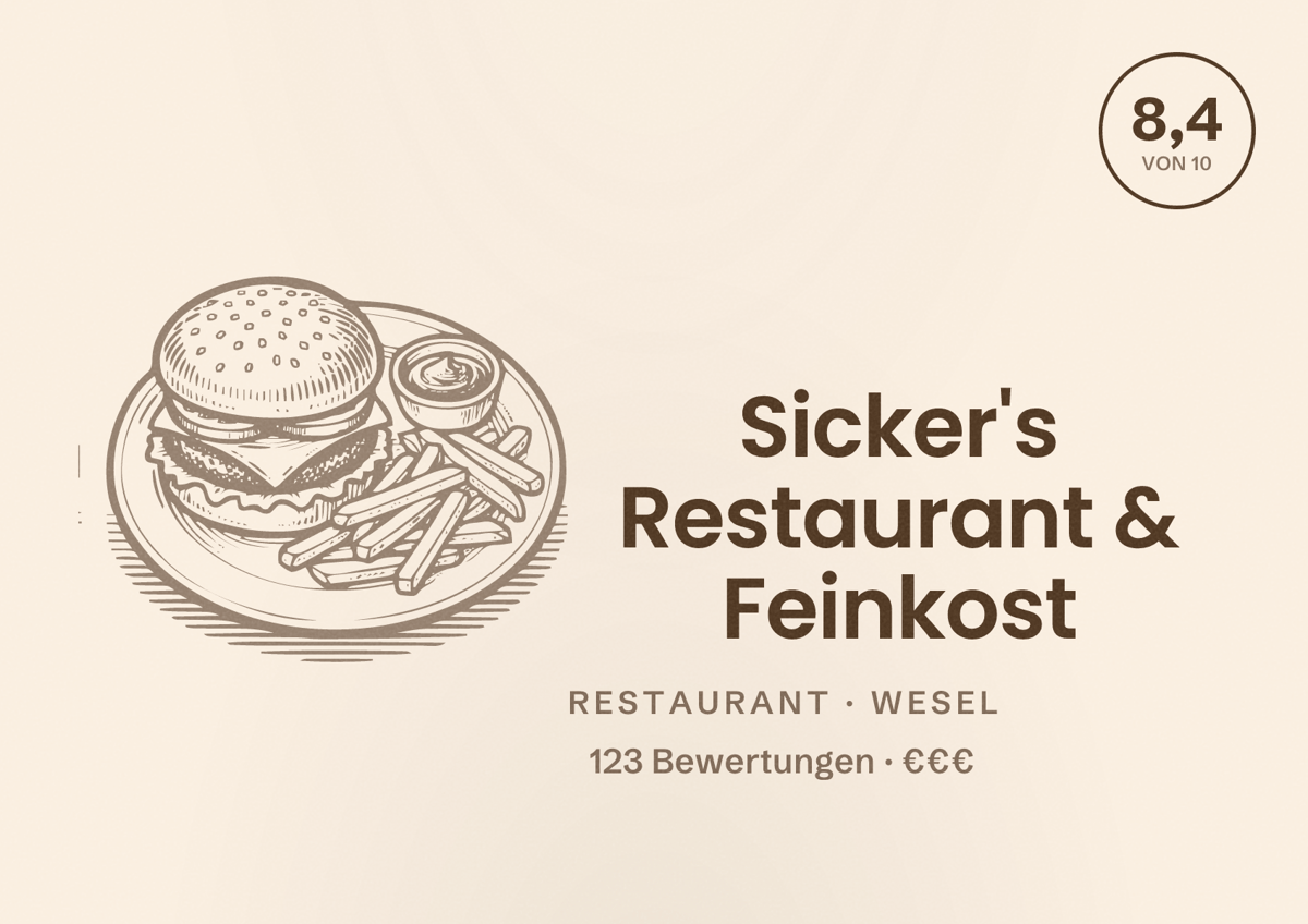 Illustriertes Poster von Sicker's Restaurant & Feinkost, Restaurant in Wesel: Bewertung 8,4 von 10 aus 123 Bewertungen, Preisniveau €€€