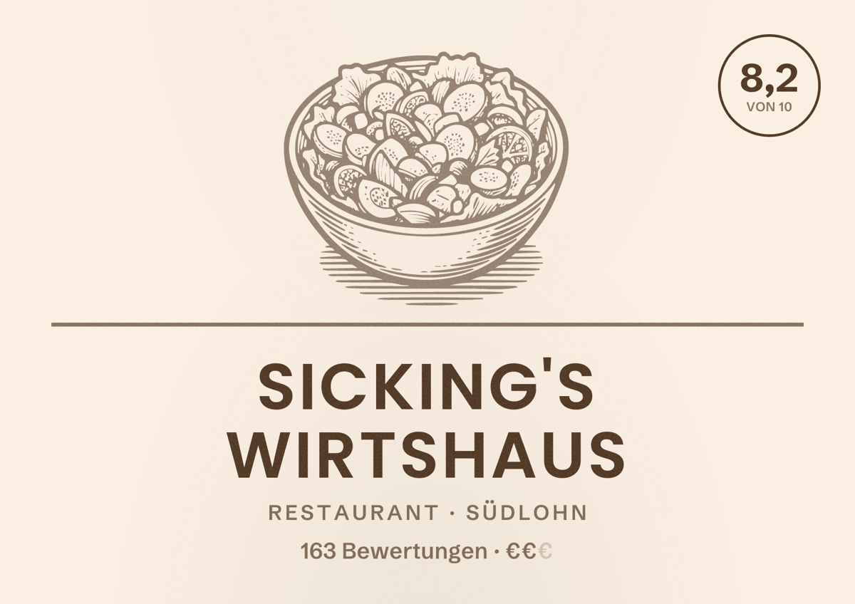Illustriertes Poster von Sicking's Wirtshaus, Restaurant in Südlohn: Bewertung 8,2 von 10 aus 163 Bewertungen, Preisniveau €€