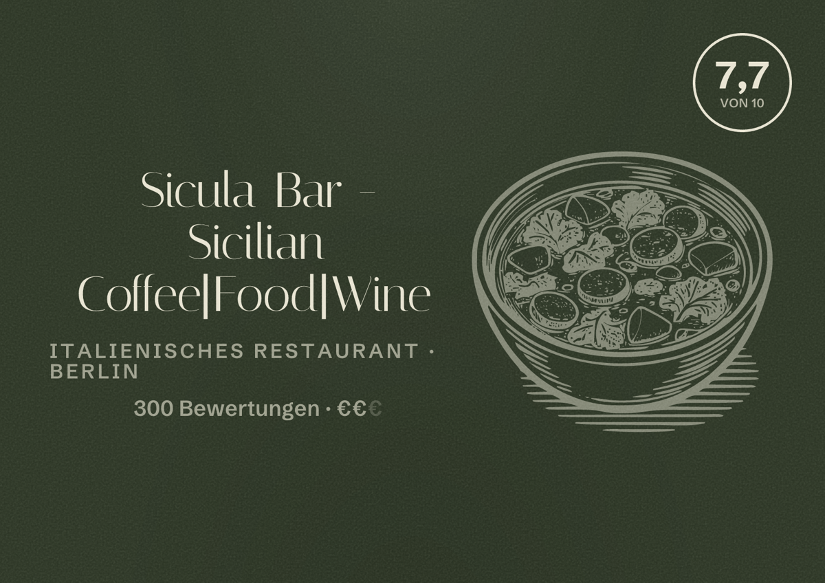 Illustriertes Poster von Sicula Bar - Sicilian Coffee|Food|Wine, Italienisches Restaurant in Berlin: Bewertung 7,7 von 10 aus 300 Bewertungen, Preisniveau €€
