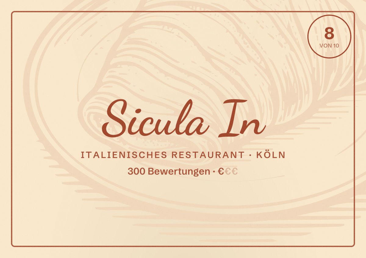 Illustriertes Poster von Sicula In, Italienisches Restaurant in Köln: Bewertung 8,0 von 10 aus 300 Bewertungen, Preisniveau €