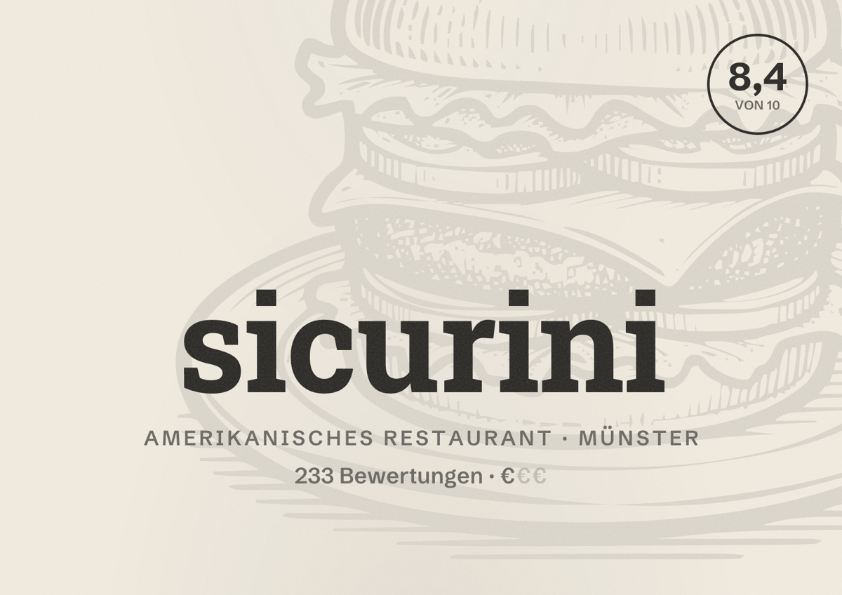 Illustriertes Poster von sicurini, Amerikanisches Restaurant in Münster: Bewertung 8,4 von 10 aus 233 Bewertungen, Preisniveau €